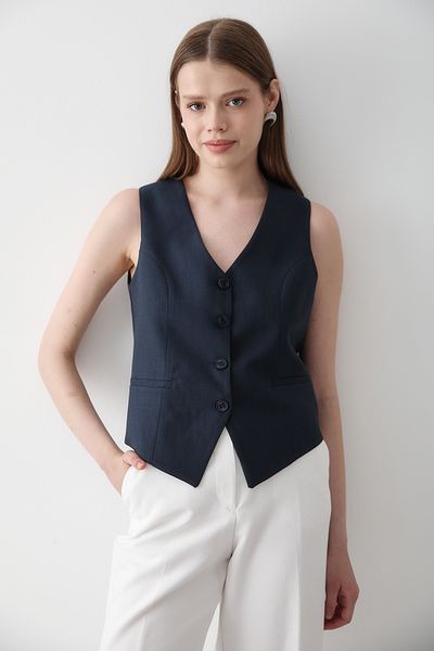 JASTE Women's Navy Blue Lined Button Detailed Vest