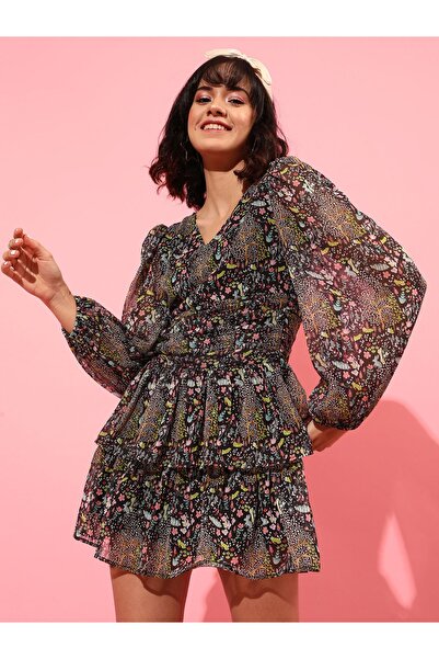 STREET 9 By Styli Layered Mini Dress with All Over Print
