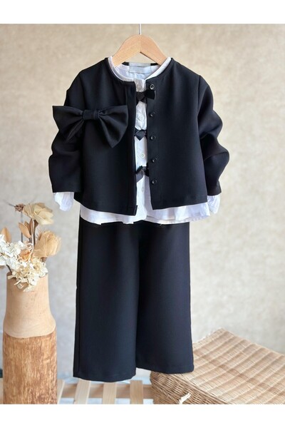 Pinkitokids Ribbon Detail Jacket-Shirt and Pants 3-Piece Girl's Suit