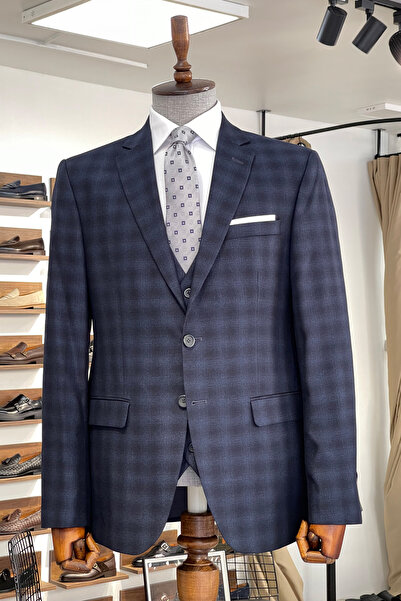 NAZEF Dar Kesim Mono Yaka Lacivert Ekose Yelekli Erkek Takım Elbise