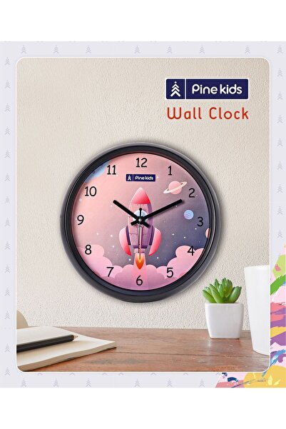 Pine kids Rocket Theme Analog Wall Clock - Pink & Black, Large Numbers, Quartz Movement, 30cm