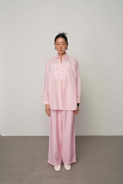 Orfeo Negro Robe Stone Embroidered Oversize Gingham Women's Shirt - Pink Plaid