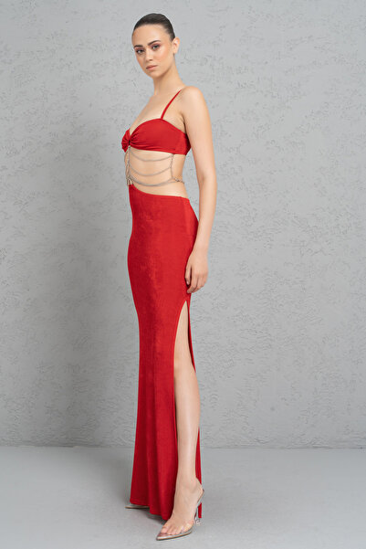 Kikiriki Red Waist Chain Detailed Maxi Dress
