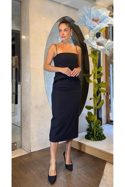 SpringStore Black Stone Embroidered Midi Length Evening Dress