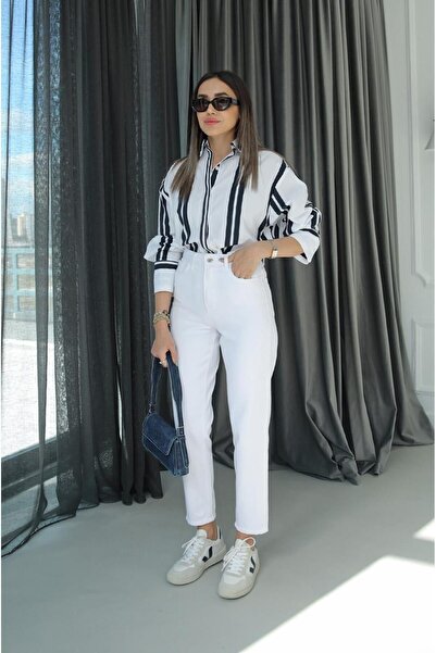 kleshus Lena Women's High Waist Lycra Trend White Mom Pants