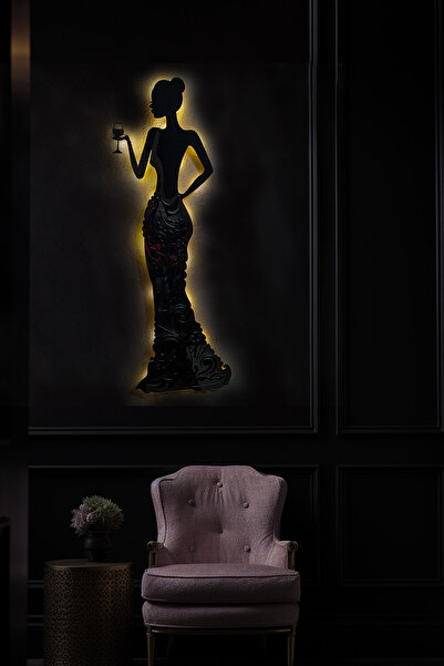 Lucenda Yarım Aynalı Işıklı Kadeh Tutan Kadın Temalı Tablo Bloom Dekoratif Gece Lambası