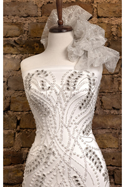 Handmade YARIM METRE Beyaz, İnci, Pul Boncuk ve Taş İşlemeli Tül Kumaş, Gelin...