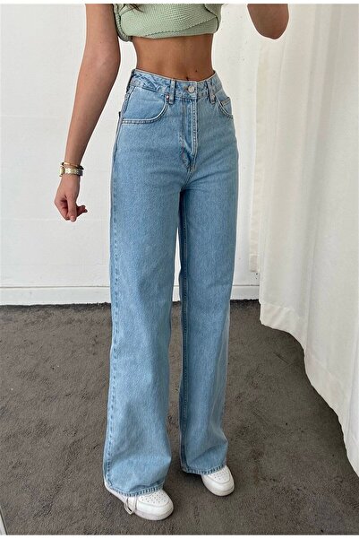 kleshus Laura-Γυναικεία ψηλόμεση μπλε Snow Wash Loose Jeans Ελαστικό τζιν παν...