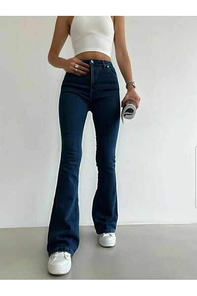 beeke Kadın Gece Mavisi Yüksek Bel Flare Jeans