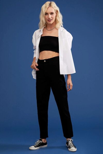 kleshus Μαύρο ψηλόμεσο Mom Jeans με λεπτομέρεια στα πόδια