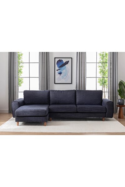 Vivense Merlin Mini Köşe Koltuk, Ceviz, Fitilli Kol, Şönil, Lacivert