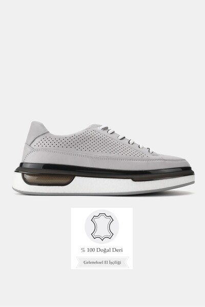 TUNAELLİ Men's Gray Khaki Natural Leather Sneaker Lace up Shoes
