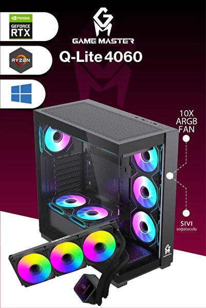 GM Game Master QLite 4060 R5 5600 CPU 32GB DDR4 RAM 1TB M.2 RTX4060 10x ARGB Fan Sıvı Soğutuculu Siyah Gaming PC