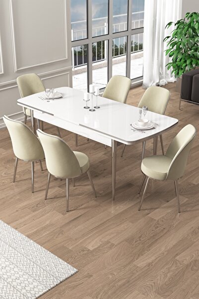 Canisa Pale Serisi 80x132 Açılabilir Beyaz Mutfak Masa Takımı 6 Krem Sandalye...