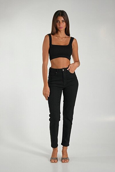 beeke بنطلون جينز أسود عالي الخصر من الليكرا Slim Mom Jean Fit