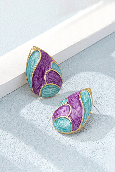 Glaren Modern Mor Damla Altın Renk Kadın Küpe