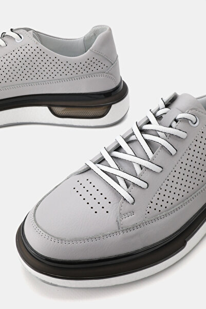 TUNAELLİ Men's Gray Khaki Natural Leather Sneaker Lace up Shoes