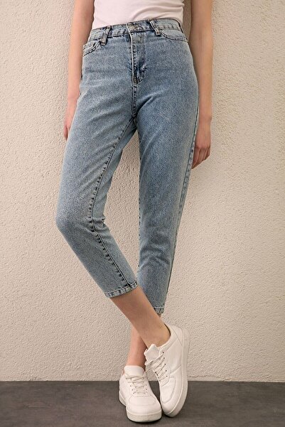 kleshus Γυναικείο ανοιχτό γαλάζιο παντελόνι mom jeans με ψηλή μέση και εφέ Sn...