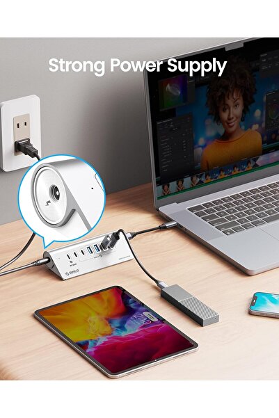 Orico Powered USB Hub 10Gbps, 7-Port USB 3.2 Gen 2 with PD 60W (Silver)