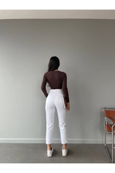 beeke Blugi boyfriend albi cu talie înaltă de damă Blugi elastici din lycra