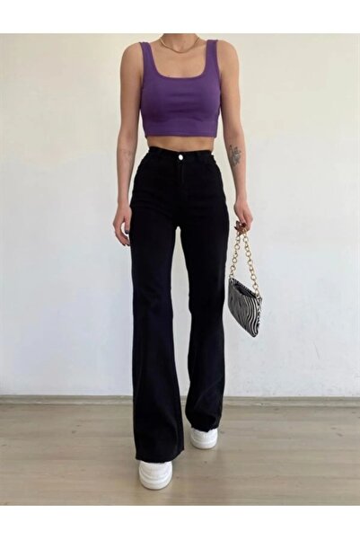 kleshus بنطلون جينز فضفاض عالي الخصر من الليكرا الأسود للنساء من Enna