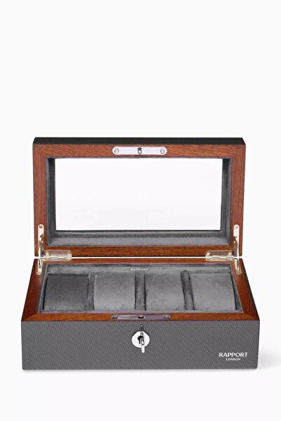 Rapport Optic Karbon Fiber 4’lü Saat Kutusu, Gri, Cam Kapaklı Lüks Tasarım