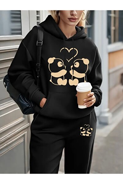 FUFLUNS طقم بدلة رياضية بقلنسوة للجنسين/رجال مطبوعة على شكل قلب باندا