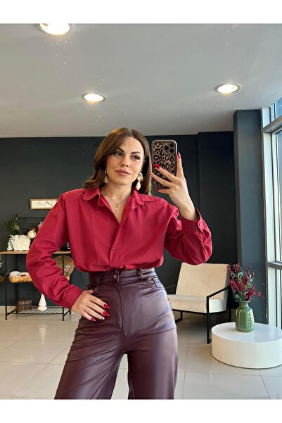 Şulenin Butiği Omuzlari Vatkali Poplin Gömlek Bordo