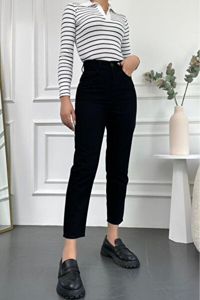 beeke Γυναικείο μαύρο ψηλόμεσο παντελόνι Comfort Lycra Mom-Μαύρο 2024