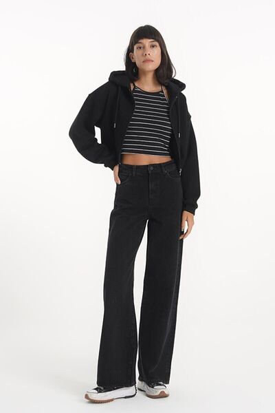 kleshus بنطلون بالازو جينز أسود عالي الخصر من الليكرا(عالية جدًا) ساق واسعة