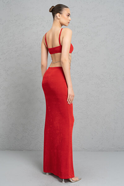 Kikiriki Red Waist Chain Detailed Maxi Dress