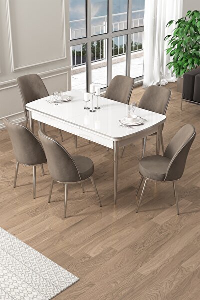 Canisa Pale Serisi 80x132 Açılabilir Beyaz Mutfak Masa Takımı 6 Cappucino Sandalye Krom Detay
