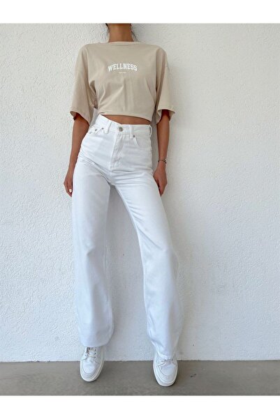 beeke Julia 90's White Lycra Free Super High Waist Loose Jeans Palazzo Pants(Full Fit)