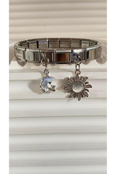 bijoux uniques Steel Italian Charm Bracelet with Moon & Sun Figure