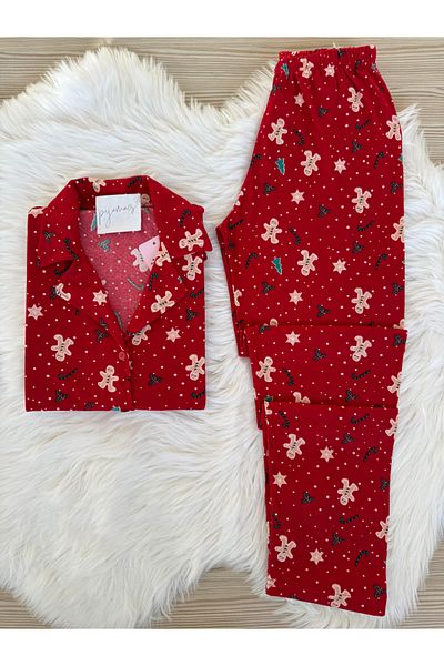 Pijamacs Red Cookie Man Patterned Suede Shirt Collar Long Sleeve Pajama Set