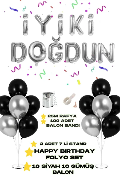 Baloncu Nene Happy Birthday Foil Balloon 2 Pieces 7 Balloon Stand 10 Pieces Silver 10 Pieces Black Balloon Birthday Ornament