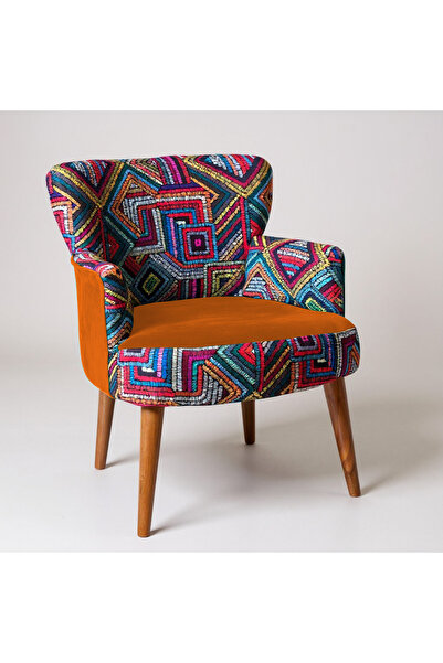 Azra Mobilya Modern Tasarım Dijital Baskılı Babyface Kumaş Berjer – Renkli Desen Tekli Koltuk - Turuncu