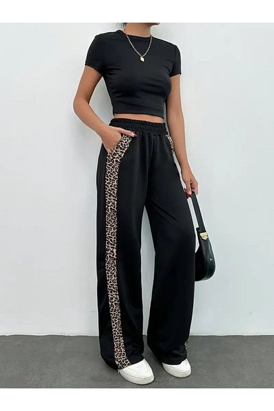 Viyamo New Season Women's High Waist Lace-Up Side Leopard Pattern Viscose Two Thread Trousers