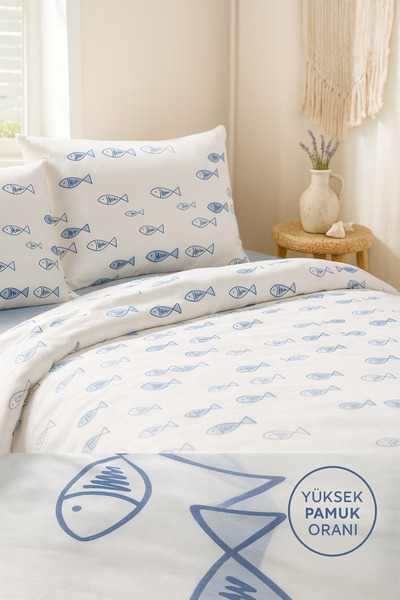 Evimcim Gift Boxed Cotton Single Duvet Cover Set Blue Fish Pattern Modern Design (160X220 cm)
