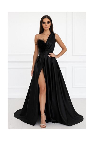 OPHIRA Long Black Evening Dress with Tafta, Lace and Feathers