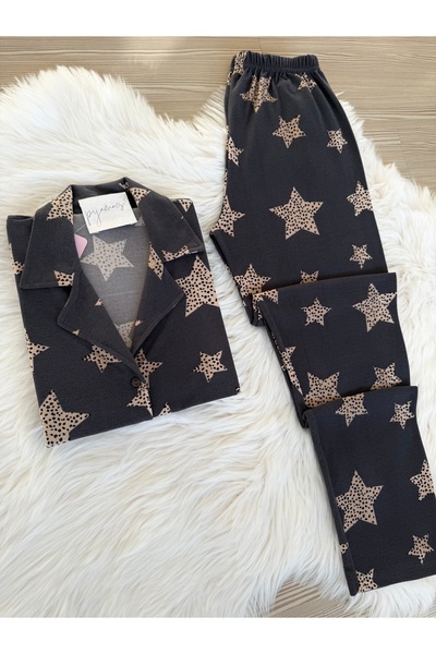 Pijamacs Dark Gray Star Pattern Suede Shirt Collar Long Sleeve Pajamas Set