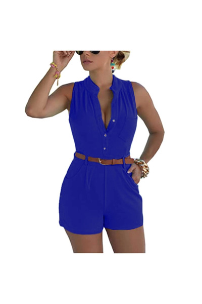 Fudaolee Summer jumpsuit, short, V-neck, blue M