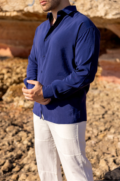 COMBİNE MİCHAİL Men's Long Sleeve Summer Basic Blue Loose Shirt