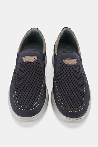 TUNAELLİ Men's Dark Blue Nubuck Khaki Natural Leather Orthopedic Loafer Shoes