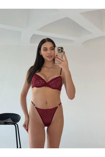 Bordo Desenli Bralet Tanga Set