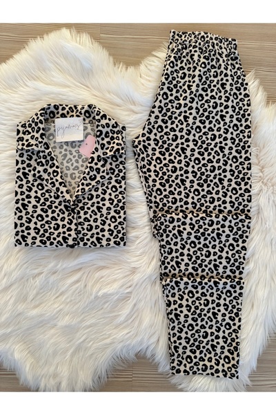 Pijamacs Leopard Print Suede Shirt Collar Long Sleeve Pajamas Set