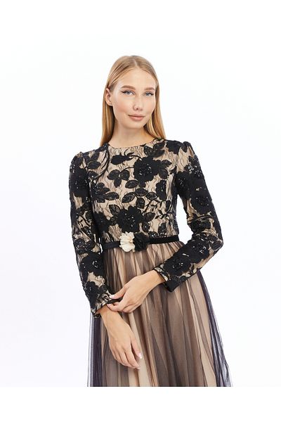 Asees Balloon Sleeve Pattern Tulle Hijab Evening Dress
