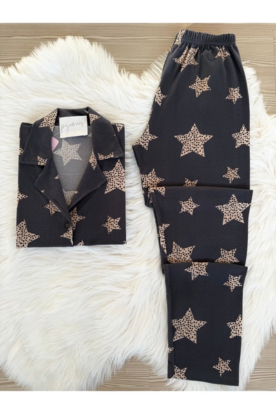 Pijamacs Dark Gray Star Pattern Suede Shirt Collar Long Sleeve Pajamas Set