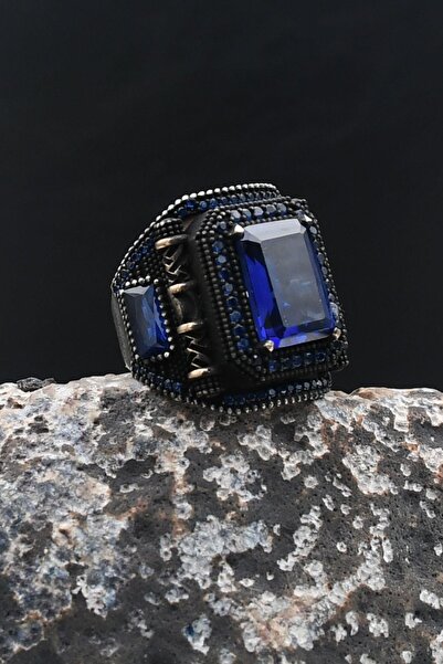 Prestige Lacivert Zirkon Taşlı Kare Tasarımlı 925 Ayar Gümüş Erkek Yüzük 902200