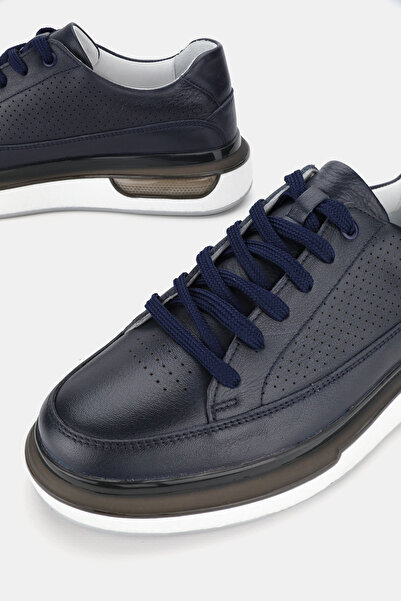 TUNAELLİ Men's Navy Blue Khaki Natural Leather Sneaker Lace up Shoes